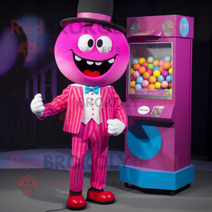 Magenta Gumball Machine mascot costume character dressed with a Suit Pants and Hairpins
