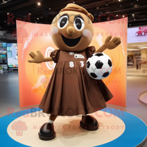 Brown Soccer Ball mascot costume character dressed with a Cocktail Dress and Rings