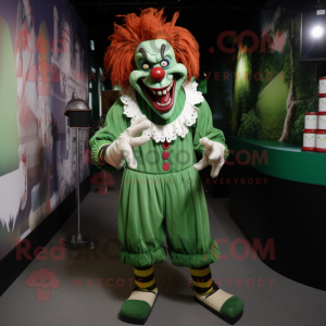 Forest Green Evil Clown mascot costume character dressed with a Dress and Foot pads