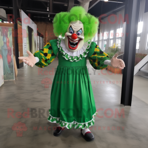 Forest Green Evil Clown mascot costume character dressed with a Dress and Foot pads