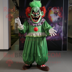 Forest Green Evil Clown mascot costume character dressed with a Dress and Foot pads