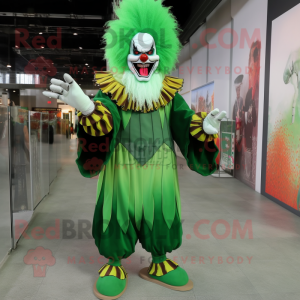 Forest Green Evil Clown mascot costume character dressed with a Dress and Foot pads