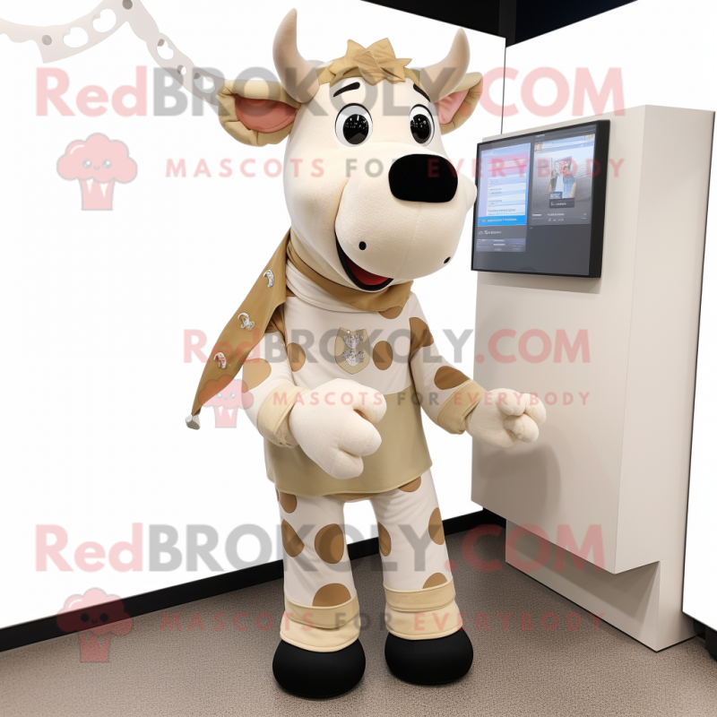 Beige Cow mascot costume character dressed with a Playsuit and Scarves Beige Cow mascot costume character dressed with a Playsuit and Scarves
