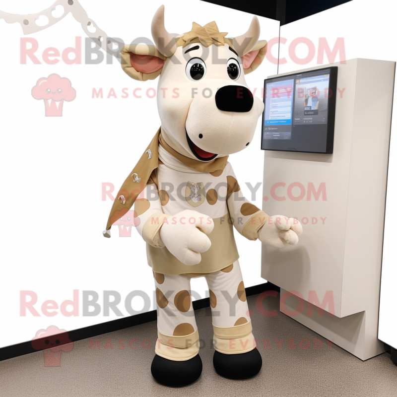 Beige Cow mascot costume character dressed with a Playsuit and Scarves