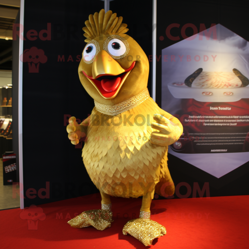 Gold Tandoori Chicken mascot costume character dressed with a Shorts and Foot pads Gold Tandoori Chicken mascot costume character dressed with a Shorts and Foot pads