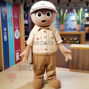Tan Petanque Ball mascot costume character dressed with a Corduroy Pants and Beanies
