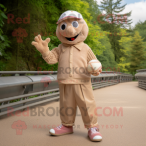 Tan Petanque Ball mascot costume character dressed with a Corduroy Pants and Beanies