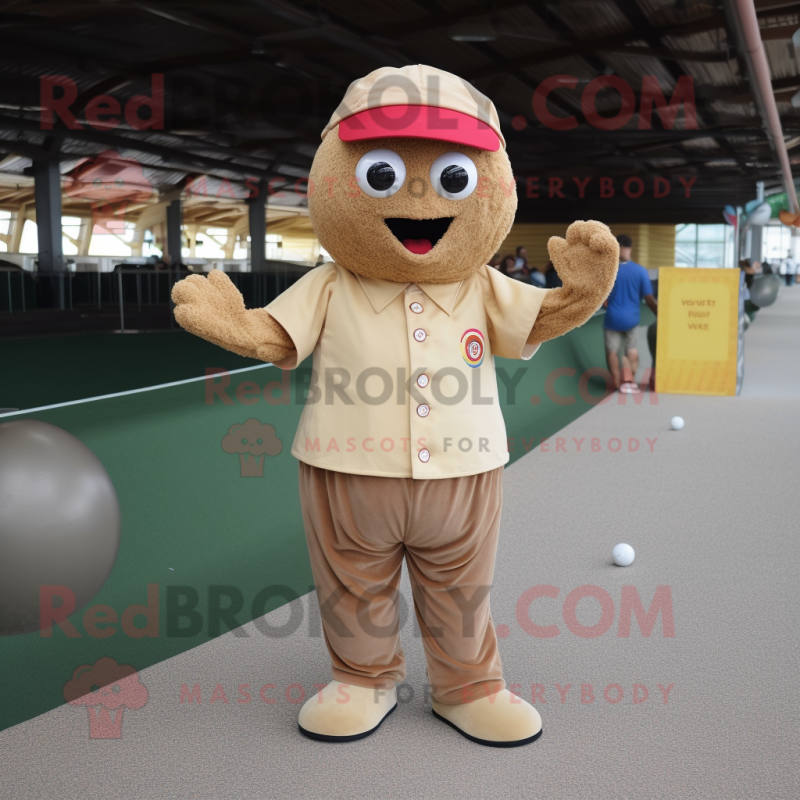 Tan Petanque Ball mascot costume character dressed with a Corduroy Pants and Beanies Tan Petanque Ball mascot costume character dressed with a Corduroy Pants and Beanies