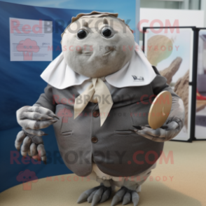 Gray Hermit Crab mascot costume character dressed with a Waistcoat and Tie pins