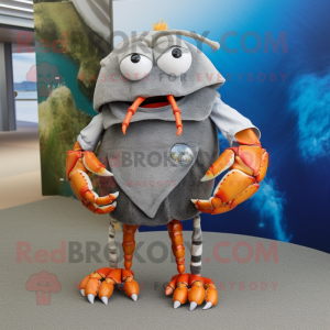 Gray Hermit Crab mascot costume character dressed with a Waistcoat and Tie pins