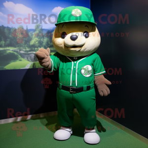 Forest Green Baseball Glove mascot costume character dressed with a Playsuit and Headbands