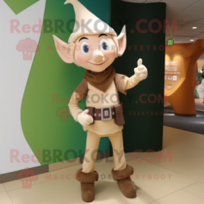 Beige Elf mascot costume character dressed with a Graphic Tee and Belts