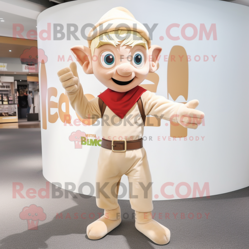 Beige Elf mascot costume character dressed with a Graphic Tee and Belts