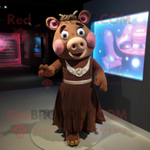 Brown Sow mascot costume character dressed with a Evening Gown and Anklets