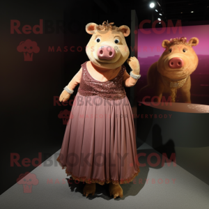 Brown Sow mascot costume character dressed with a Evening Gown and Anklets