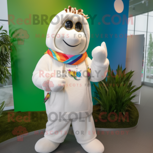 White Mango mascot costume character dressed with a Parka and Bracelets