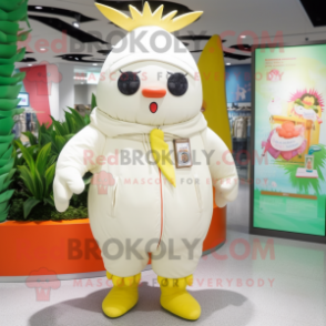 White Mango mascot costume character dressed with a Parka and Bracelets