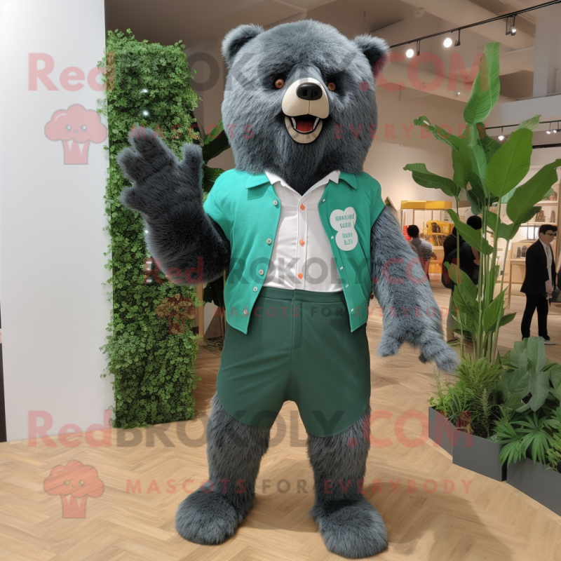 Forest Green Sloth Bear mascot costume character dressed with a Boyfriend Jeans and Tie pins Forest Green Sloth Bear mascot costume character dressed with a Boyfriend Jeans and Tie pins
