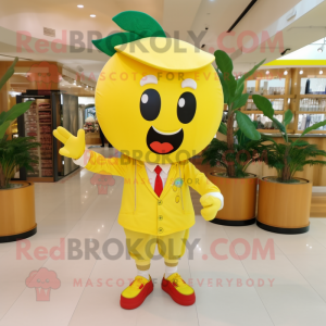 Yellow Cherry mascot costume character dressed with a Chinos and Brooches
