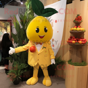 Yellow Cherry mascot costume character dressed with a Chinos and Brooches