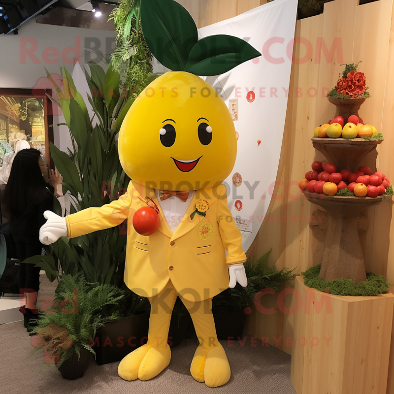 Yellow Cherry mascot costume character dressed with a Chinos and Brooches Yellow Cherry mascot costume character dressed with a Chinos and Brooches