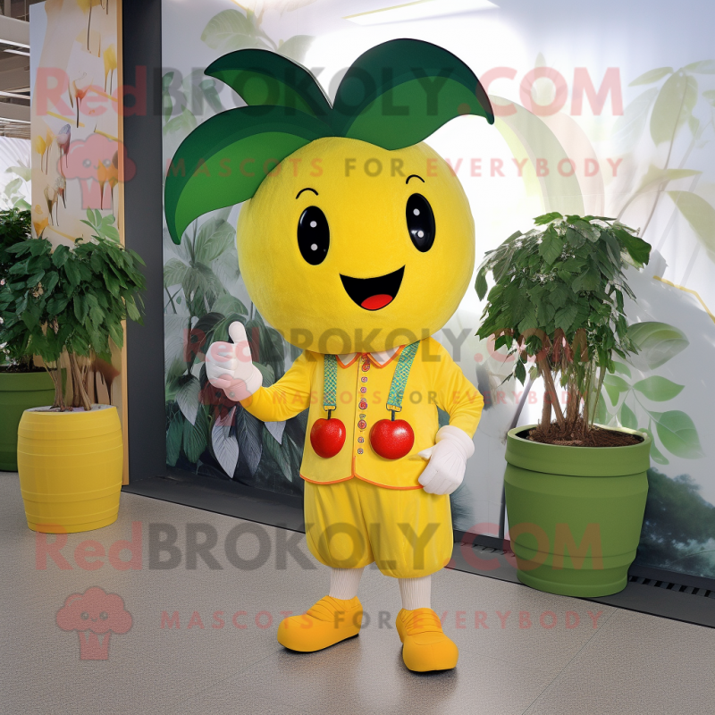 Yellow Cherry mascot costume character dressed with a Chinos and Brooches