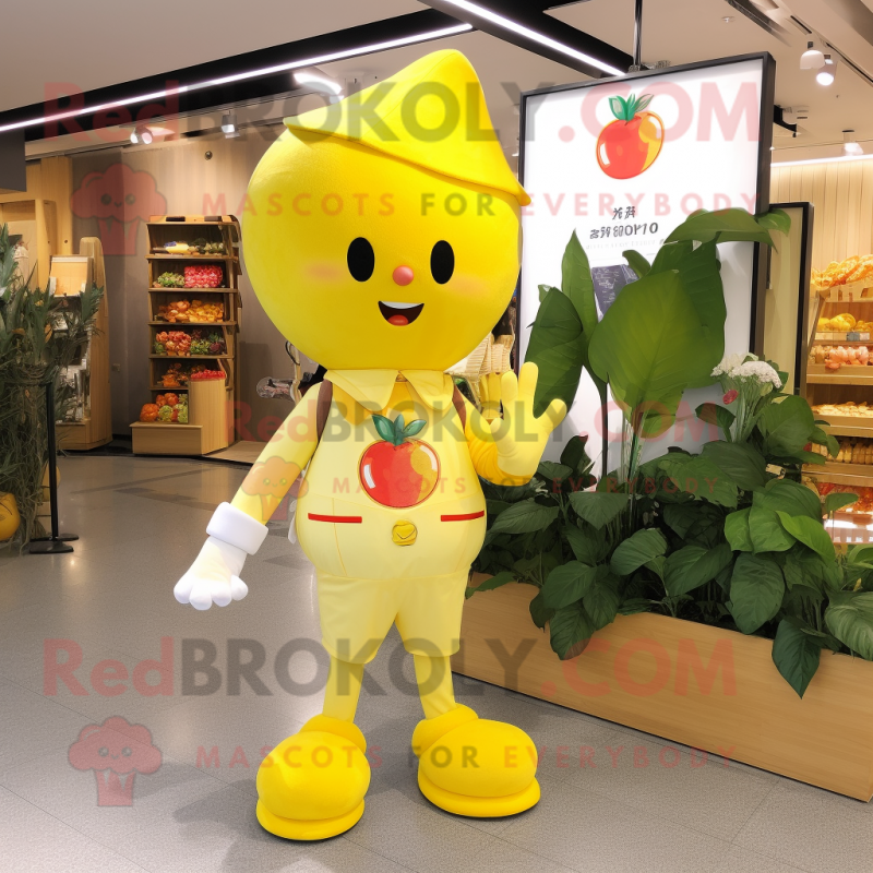 Yellow Cherry mascot costume character dressed with a Chinos and Brooches