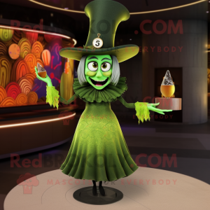 Olive Witch'S Hat mascot costume character dressed with a Cocktail Dress and Rings