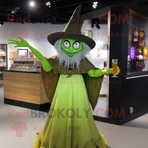 Olive Witch'S Hat mascot costume character dressed with a Cocktail Dress and Rings