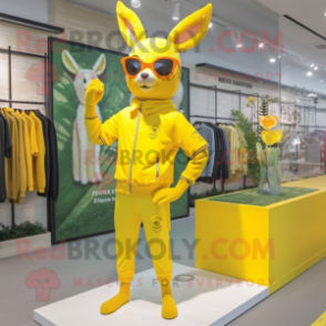 Lemon Yellow Roe Deer mascot costume character dressed with a Joggers and Eyeglasses