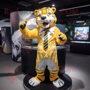 Yellow Saber-Toothed Tiger mascot costume character dressed with a Suit and Necklaces