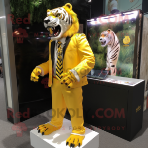 Yellow Saber-Toothed Tiger mascot costume character dressed with a Suit and Necklaces