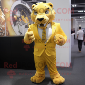 Yellow Saber-Toothed Tiger mascot costume character dressed with a Suit and Necklaces