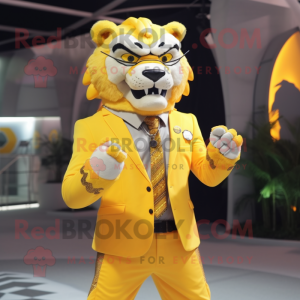 Yellow Saber-Toothed Tiger mascot costume character dressed with a Suit and Necklaces