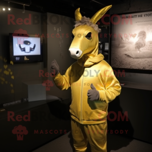 Gold Donkey mascot costume character dressed with a Hoodie and Lapel pins