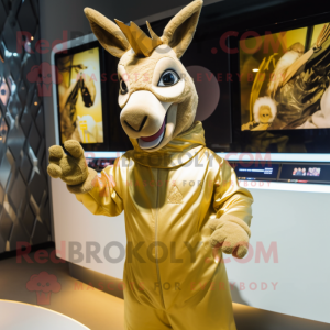 Gold Donkey mascot costume character dressed with a Hoodie and Lapel pins