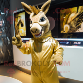 Gold Donkey mascot costume character dressed with a Hoodie and Lapel pins