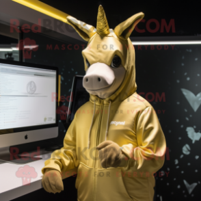 Gold Donkey mascot costume character dressed with a Hoodie and Lapel pins