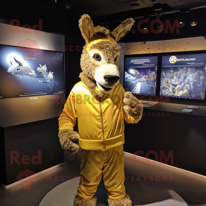 Gold Donkey mascot costume character dressed with a Hoodie and Lapel pins Gold Donkey mascot costume character dressed with a Hoodie and Lapel pins