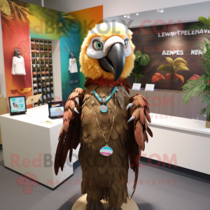 Brown Macaw mascot costume character dressed with a Blouse and Necklaces