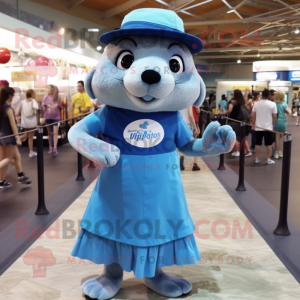 Blue Otter mascot costume character dressed with a Mini Skirt and Hats