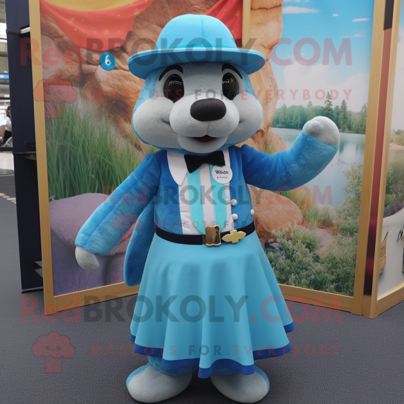 Blue Otter mascot costume character dressed with a Mini Skirt and Hats