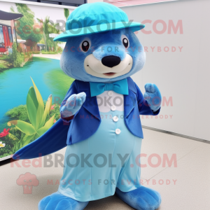 Blue Otter mascot costume character dressed with a Mini Skirt and Hats