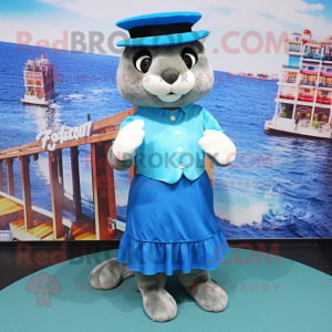 Blue Otter mascot costume character dressed with a Mini Skirt and Hats