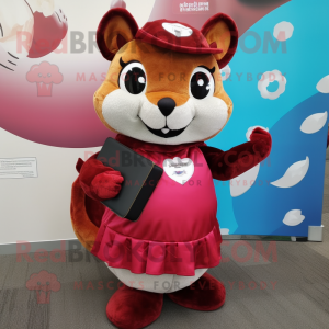 Maroon Flying Squirrel mascot costume character dressed with a Circle Skirt and Wallets