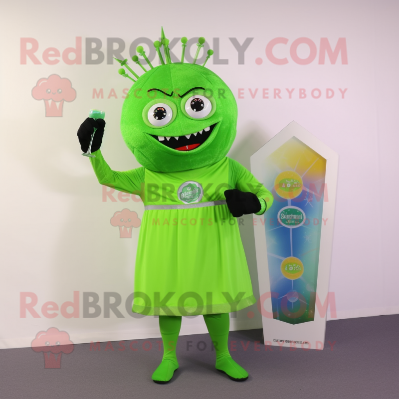 Lime Green Onion mascot costume character dressed with a Cocktail Dress and Digital watches