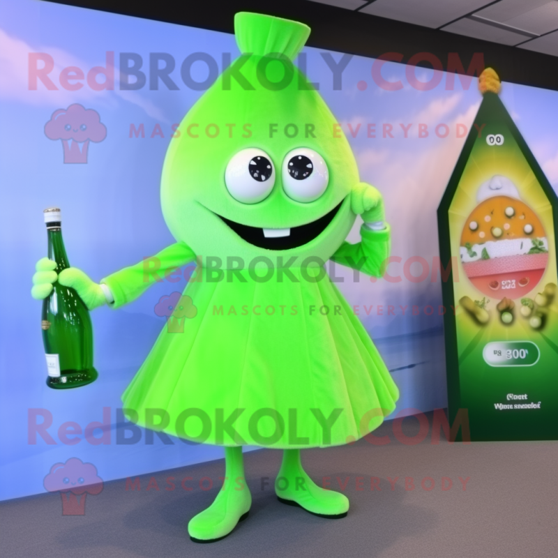 Lime Green Onion mascot costume character dressed with a Cocktail Dress and Digital watches Lime Green Onion mascot costume character dressed with a Cocktail Dress and Digital watches