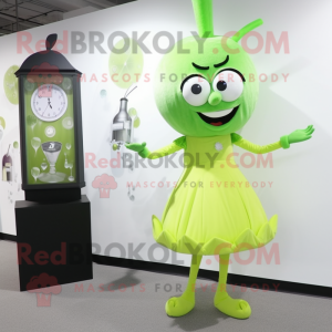 Lime Green Onion mascot costume character dressed with a Cocktail Dress and Digital watches