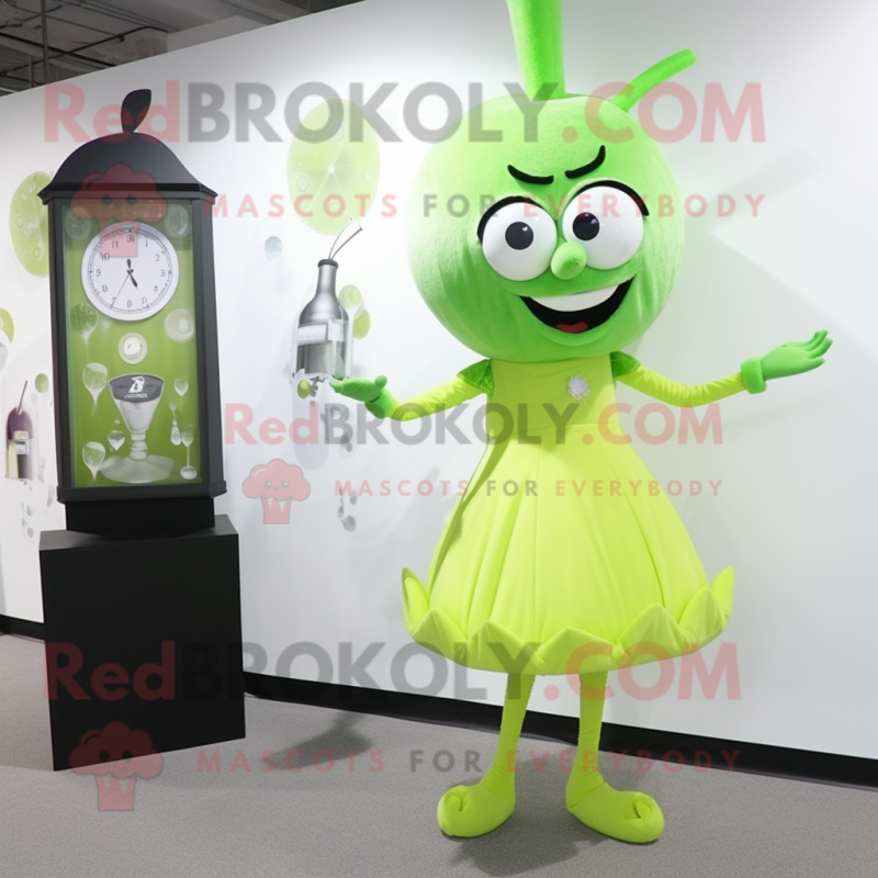 Lime Green Onion mascot costume character dressed with a Cocktail Dress and Digital watches Lime Green Onion mascot costume character dressed with a Cocktail Dress and Digital watches