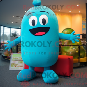 Maskotkarakter af en cyan...